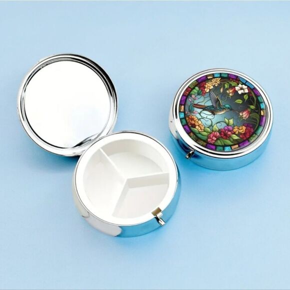 Mosaic Hummingbird Pill Box Medicine Mini Steel Case Mirrored Travel Purse Size - Picture 3 of 8